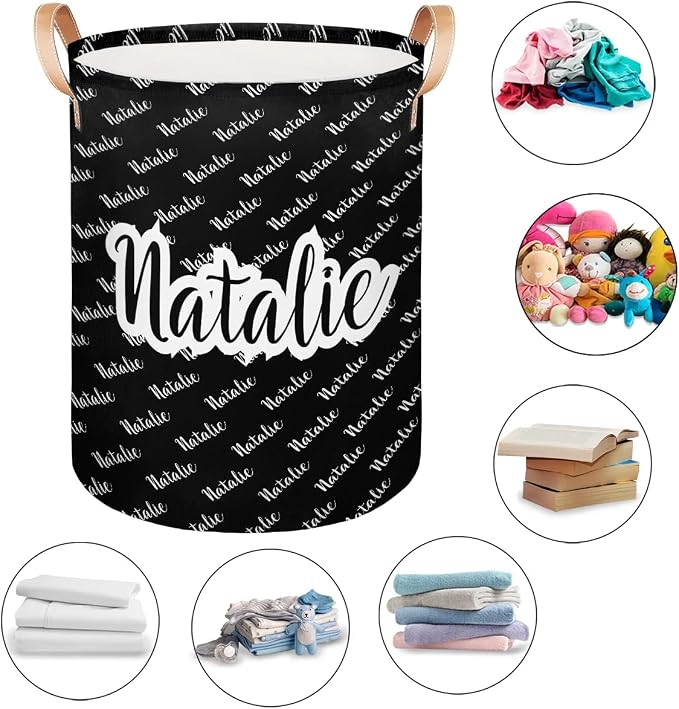Personalized Laundry Basket, Custom Gift Laundry Hamper, Collapsible Nursery Waterproof Laundry Baskets, Dirty Clothes Toy Hamper with Handles Name Black