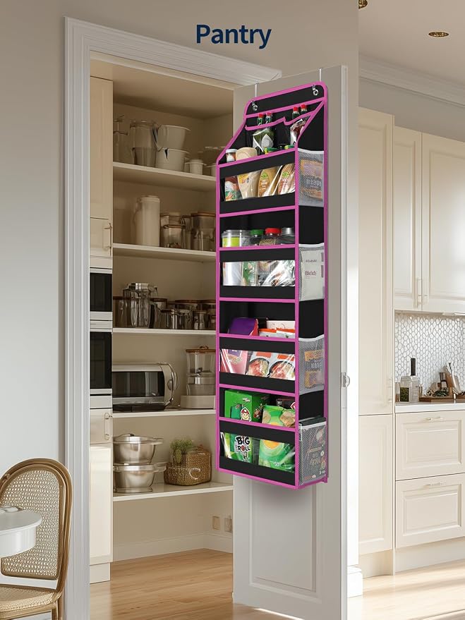 Yecaye 5 Tier Over the Door Organizer, Swing-proof Door Organizer Hanging with Clear PVC Windows, Behind the Door Storage for Bedroom Nursery Closet Laundry Pantry Bathroom, Pink and Black