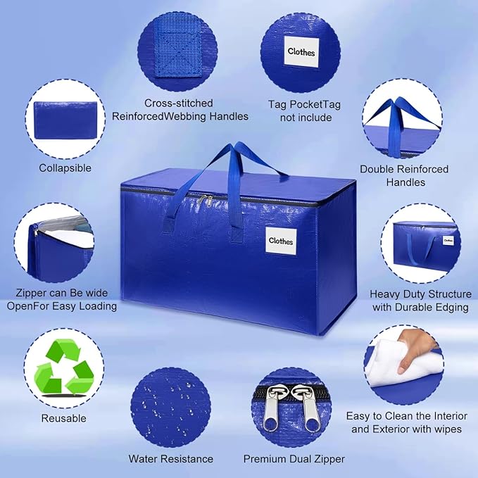 4 Pack XL Heavy Duty Moving Bags with Reinforced Stitching & Smooth Dual Zippers, Large Capacity Storage Totes for Clothes, Closet, Travel & Home Organization, Blue