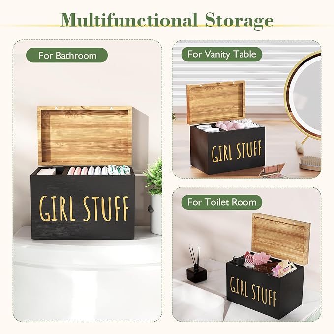 Tampon Holder for Bathroom with Hinged Lid, Feminine Product Organizer, Tampon Storage, Bathroom Period Products, Toilet Organizer, Bathroom Accessories Box for Girl Stuff (Black)