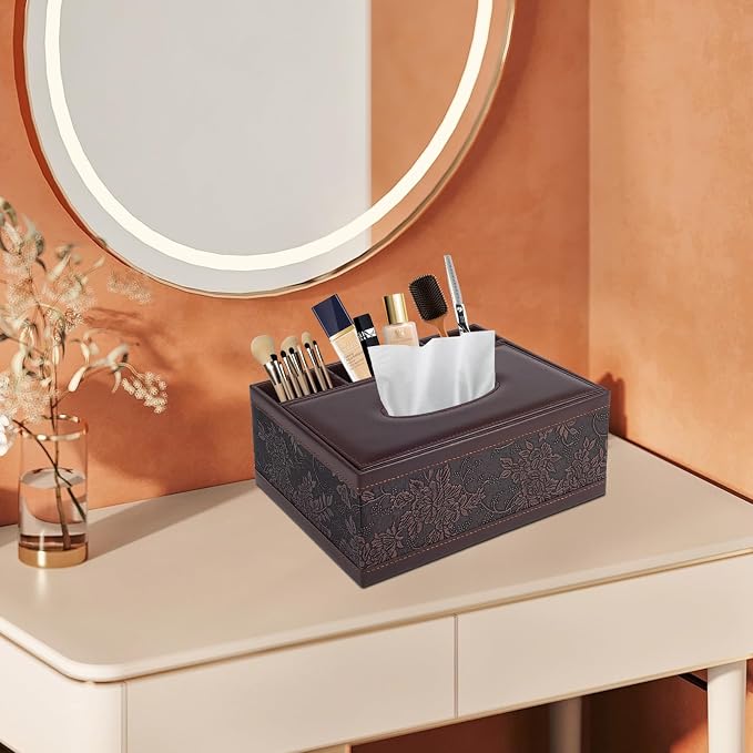 Tissue Box Cover Rectangle Retro Tissue Box Holder PU Leather Facial Tissues Organizer,Multifunctional Remote Control Stationery Storage Box,Home Office Supplies Car Napkin Caddy