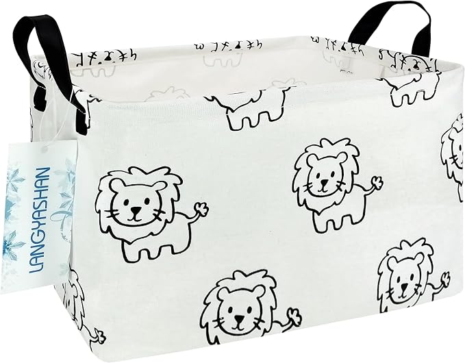 Rectangular Collapsible Lion Storage Basket Nursery Organizer | Storage Bin Foldable Canvas with Handles for Organizing Home Kitchen Children Toys Office Closet Shelf Baskets