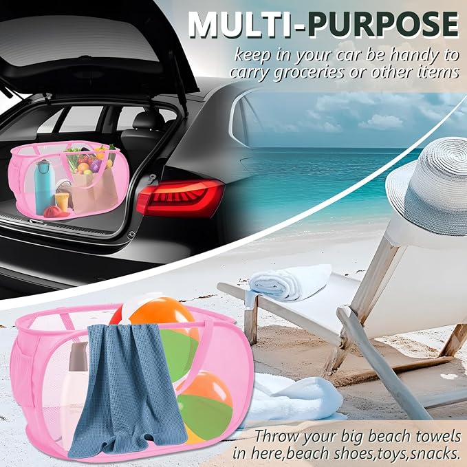 Pop Up Laundry Hamper,Collapsible Horizontal Baskets with Handles & Side Pocket,Foldable Sturdy mesh for Laundry Room,Bathroom,Kids Room,College Dorm or Travel (Pink)