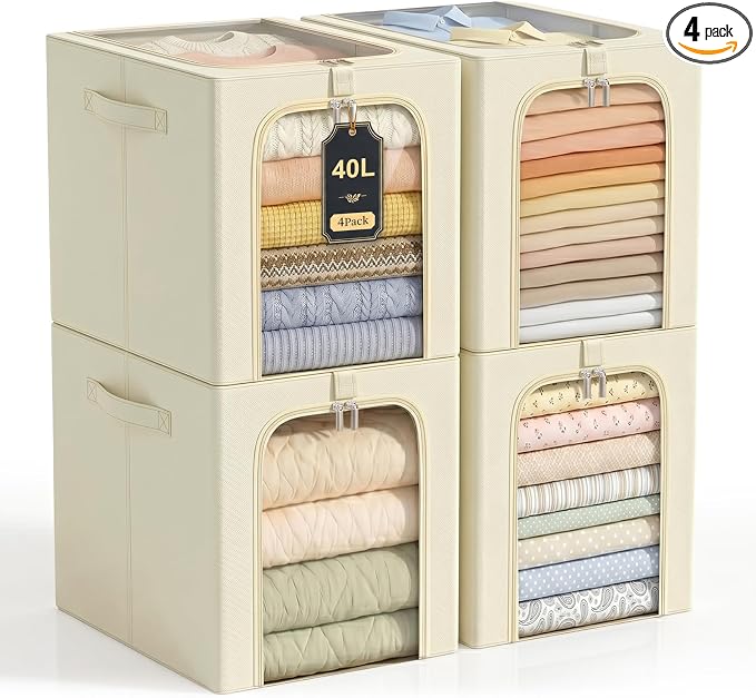 GoMaihe Clothes Storage Bins with Metal Frame, 40L Sweater Storage Boxes for Above Shelf Closet, 4 Pack Stackable Clothing Storage Organizer with Clear Window for Jeans Hoodies T-shirt – Beige