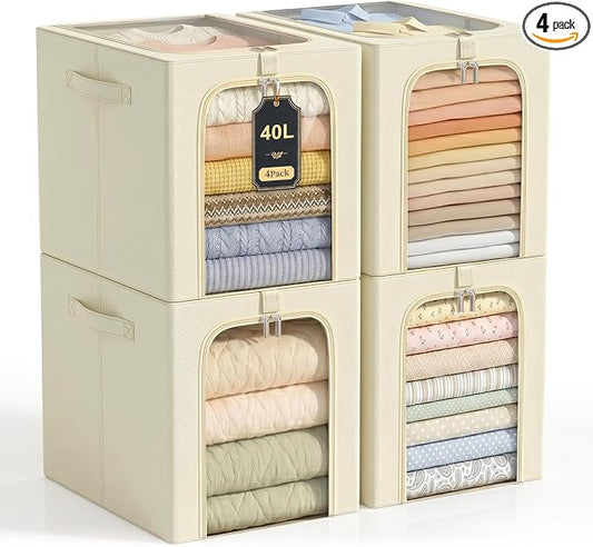GoMaihe Clothes Storage Bins with Metal Frame, 40L Sweater Storage Boxes for Above Shelf Closet, 4 Pack Stackable Clothing Storage Organizer with Clear Window for Jeans Hoodies T-shirt – Beige