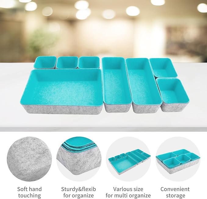 8pcs Drawer Organizers, Separators, Storage Box,Felt Storage Bins Inserts Tool Containers Toy Basket Shelf Cubes Foldable Drawer Dividers Desk Organisers- Blue&Grey