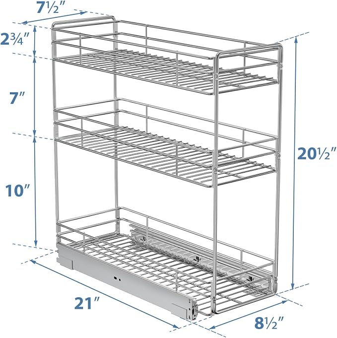 ROOMTEC 3-Tier Pull Out Cabinet Organizer for Narrow Cabinet (8.5" W X 20.5" D), Kitchen Cabinet Organizer and Storage Cabinet Pull Out Shelves Under Cabinet Storage for Kitchen, Chrome