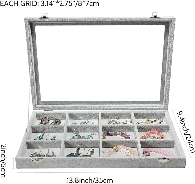 Stratalife 12 Grid Jewelry Holder Organizer: Bracelet Organizer Box with Clear Glass Lid, Velvet Jewelry Storage for Studs, Earrings, Rings, Necklace with Removable Dividers for Dresser, Grey
