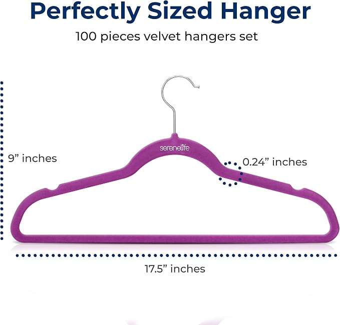 SereneLife Velvet Hangers – 100 Pack, Slim & Space Saving for Closets | Soft Velvet Grip Prevents Slipping On Silk, Satin & Knitwear – 360° Swivel Hook Fits All Standard Closet Rods