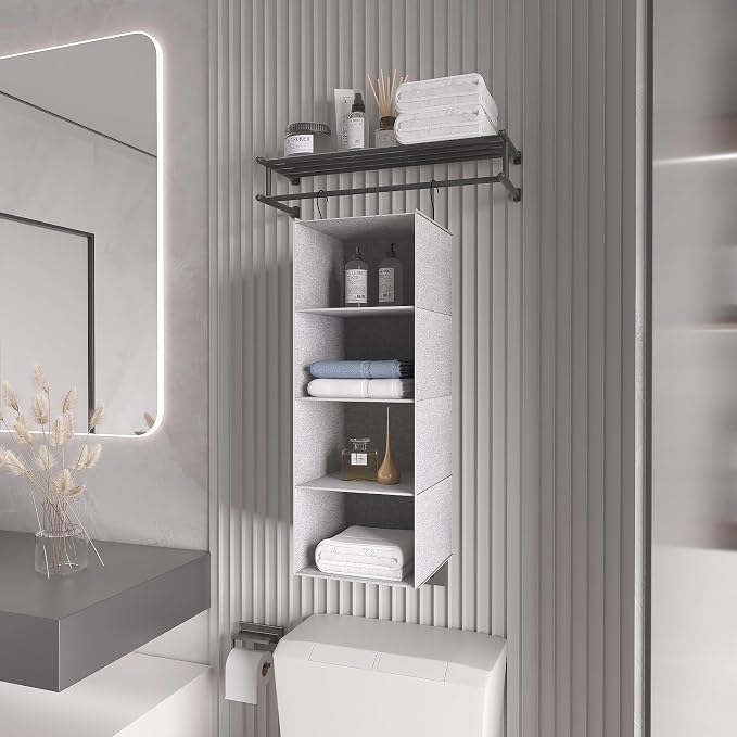 Hanging Closet Organizer 4-Shelf, Oxford Linen Wardrobe Storage, Gray | Easy-mount foldable design holds clothes, handbags, shoes & accessories; washable Oxford fabric, sturdy and space-saving.