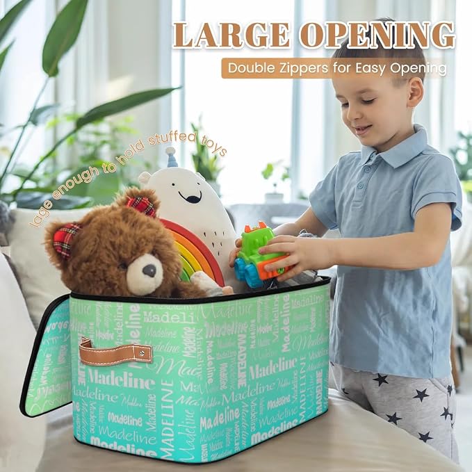 Custom Storage Basket with Name, Personalized Keepsake Box with Zipper Lid, Foldable Fabric Memory Bin Large capacity with Handle Green Blue