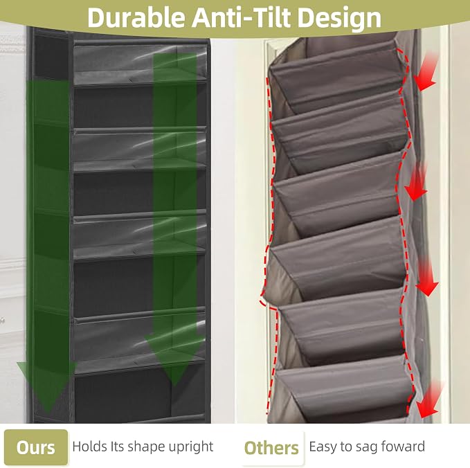 Over Door Organizer with 6 Extra Large Pockets 12 Side Pockets, 2-Pack Sturdy Closet Rack, Hanging Storage Organizer with Clear Window for Shoes, Diapers, Toys, Bedroom, Bathroom, Black