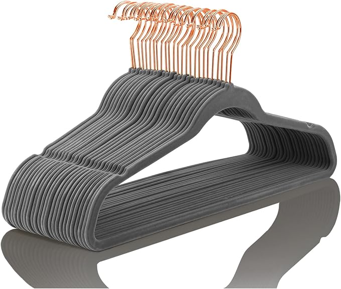 MIZGI Premium Velvet Hangers (50 Pack) Heavy Duty Non Slip Felt Hangers Gray,Rose Gold 360 Degree Swivel Hooks,Space Saving Clothes Hangers,Durable Strong Hangers for Suits,Coats,Pants & Dress
