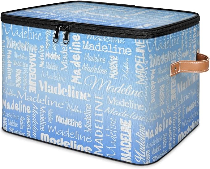 Custom Storage Basket with Name, Personalized Keepsake Box with Zipper Lid, Foldable Fabric Memory Bin Large capacity with Handle Blue