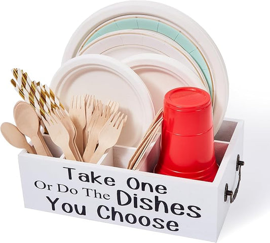 Small Paper Plate Holder,Wood Silverware Dispenser for Cups,Forks
