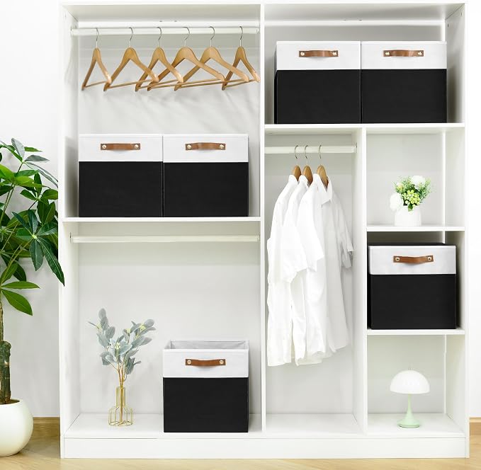 FinishingBo 6-Pack Storage Cubes with Handles & Label Holders Basket, Closet Cube Home Organizer Bins(White/Black, 13 x 13 x 13 inch)