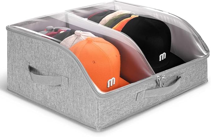 Hat Organizer for Baseball Caps, 2 Compartments Clear Window Hat Storage Box for Closet Hold Up to 24 Caps, Hats Holder Container with Sturdy Cardboard for Home Storage | Gray