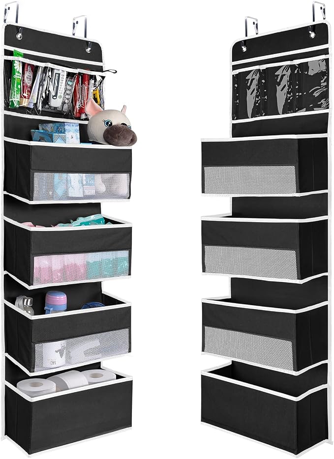 NesTidy 2 Pack Over The Door Organizer Storage, Wall Mount Hanging Organizer with 4 Large Capacity Pocket Organizers and 3 Small Pockets for Baby Essentials, Toys, Cosmetics, and Sundries (Black)