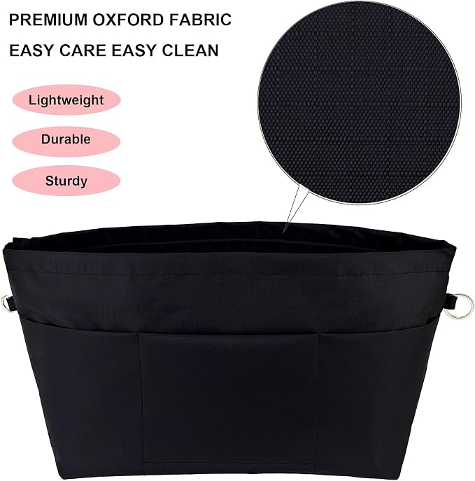 Handbag Tote Purse Organizer Insert, X Large, Black | Bag Divider Liner Shaper Separator in Bag with Zipper, 11 Pockets Compartments