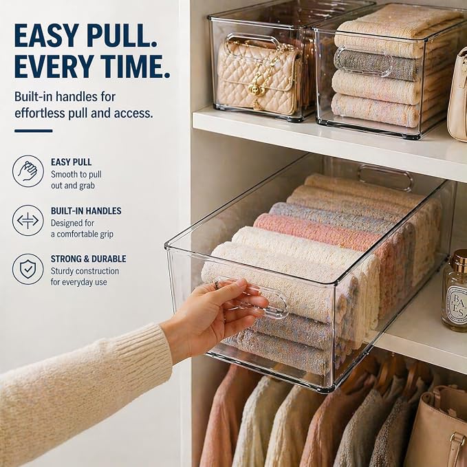 MOONEDGE Clear Plastic Storage Organizer Bins for Home Organization | Clear Bins for Organizing, Pantry Organizers and Storage, Kitchen, Fridge, Bathroom, Cabinet, Closet, Under-Sink, Laundry