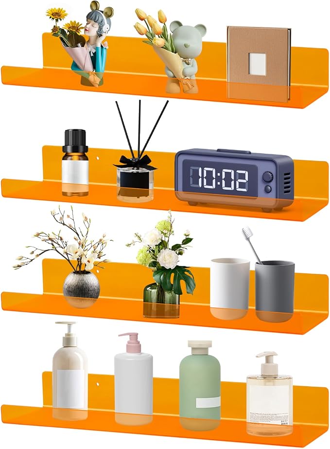 Dezzer 4 Pack Acrylic Shelves for Wall, 15" Acrylic Floating Shelves for Bathroom Bedroom, Invisible Bookshelf Wall Ledge Storage Shelf Books Perfume Toys Action Figure Display Shelves, Clear Orange