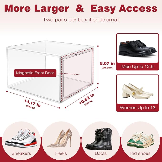 1 Pack Clear Shoe Storage Boxes Stackable, Large Sneaker Organizer with Acrylic Magnetic Door, Plastic Drop Front Shoe Containers for Men up to Size 12.5, Transparent Shoe Organizer for Closet