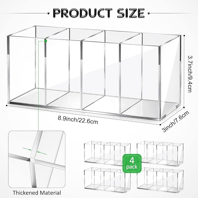 Pajean 4 Pack Acrylic Pencil Holder Back to School 4 Compartments Clear Pen Organizer Makeup Brush Holder Acrylic Pencil Organizer Cup for School Office Home Supplies Desk Accessories