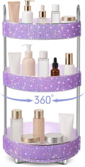 Honeydak 360 Rotating Perfume Organizer for Mother Day Nurse Day Rhinestone Bathroom Counter Organizer Makeup Holder Skincare and Perfume Storage for Cosmetic Countertop(3 Tiers,Resin Stone,Purple)