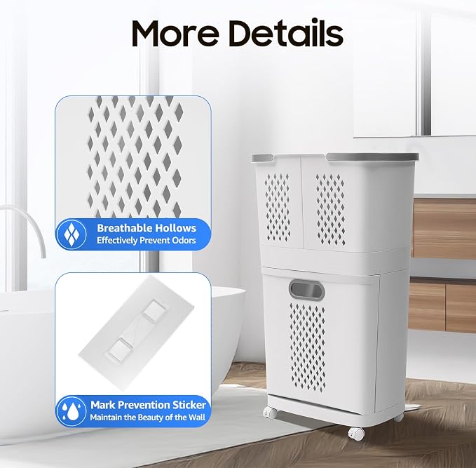 2 Tier Rolling Laundry Hamper Sorter Removable Clothes Hamper Organizer with Wheels White Portable Storage Baskets for Bedroom Laundry Room Bathroom