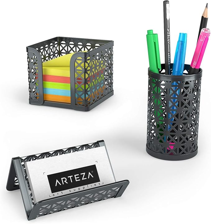 ARTEZA Desk Organizer Set, 6-Piece Dark Gray, Includes Pencil Cup, Letter Sorter, Tray, Magazine Holder, Name Card & Sticky Note Holder