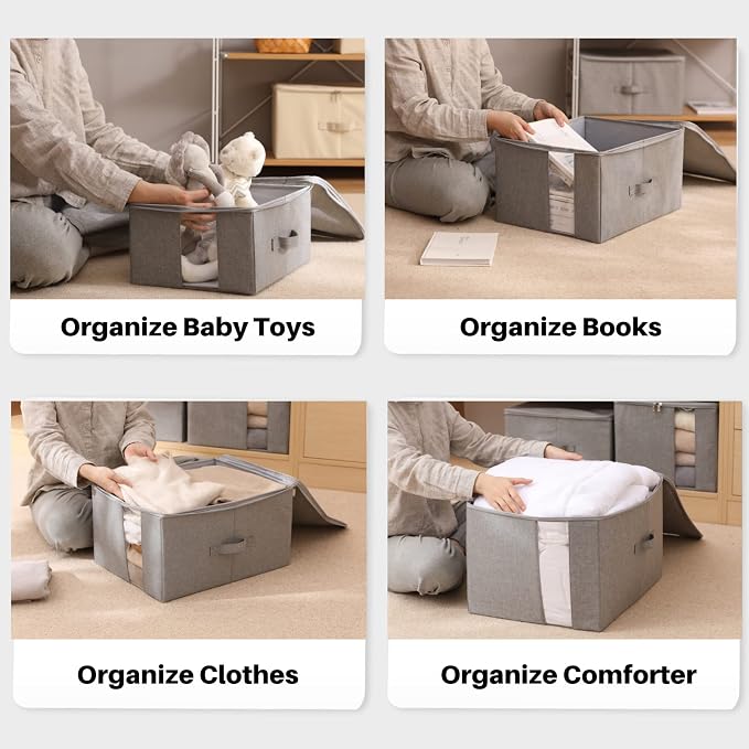 Under Bed Storage with Clear window/ 600D Sturdy Fabric, Underbed Storage Containers Bags for Clothes, Clothing, Blanket, Comforters (M（21.7x16.5x7in） for under bed storage, Light grey)