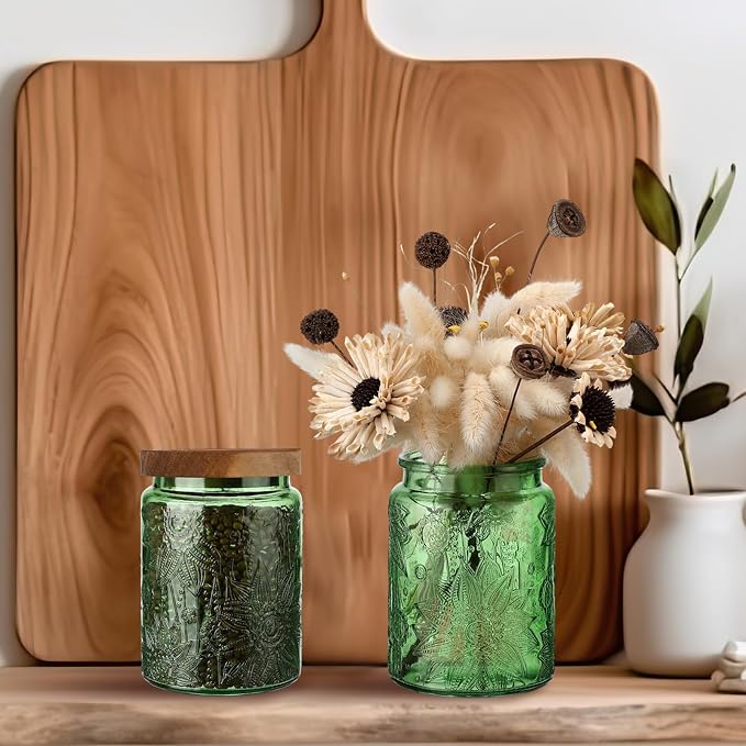 LemonRoad 2 Pcs Vintage Glass Storage Jars 23.67 oz Candy Jar Canister with Solid Wood Lids Food Storage Container for Kitchen, Ground Coffee, Tea, Sugar, Decorative Mason Cookie Jars (Green)