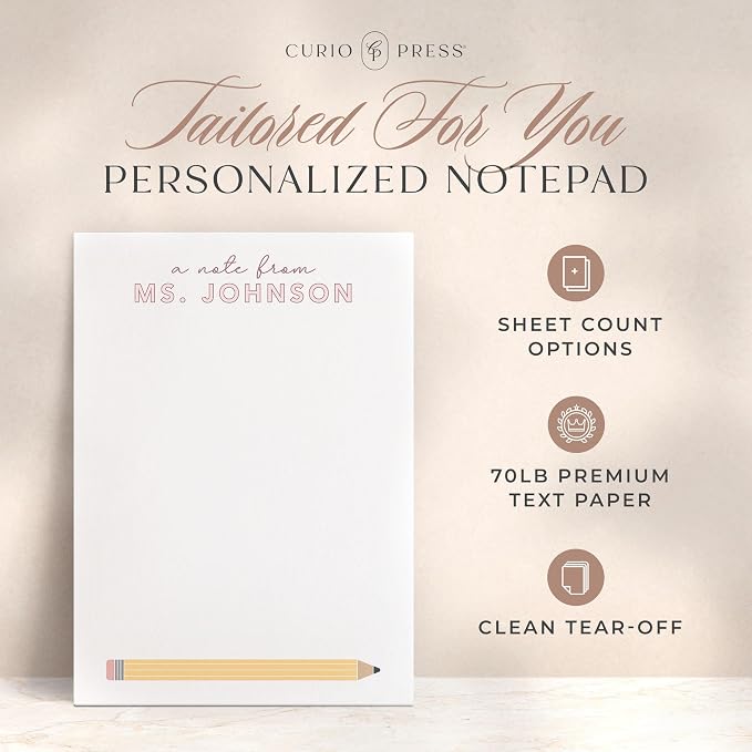Curio Press Personalized Notepad 50 or 100 Sheets, Custom Stationery Note Pad 3 Sizes - Custom Lined/Unlined Teacher Gifts Appreciation with Name Teacher Stationery For Women and Men - Take Note Pad
