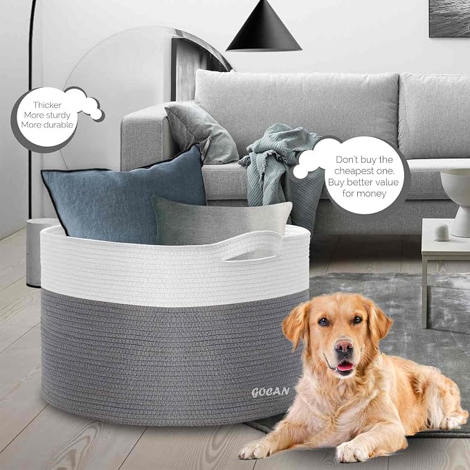 GOCAN Storage Baskets for Organizing D22"H14" Large blanket basket laundry basket Cotton Rope Woven Basket for toy towl in Living Room (Ltgrey/Beige) XXXL