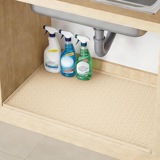 TRZZ Silicone Waterproof Under Sink Mat 34" x 19", Drip Tray and Cabinet Liner for Kitchen and Bathroom, Prevents Water Damage and Organizes Cabinets (Beige)