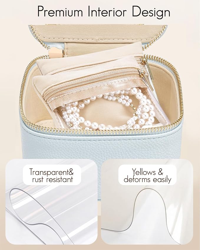 VLANDO Travel Jewelry Organizer Case with 6 Clear Velvet Zipper Pouches, Faux Leather Jewelry Storage Box for Rings, Earrings, Necklaces and Bracelets, Gift for Women