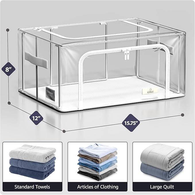 Sorbus Storage Bins with Metal Frame - Stackable & Foldable Clothes Organizer Bags - Clear Soft Plastic Storage Containers (2 Pack, Small)