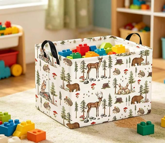 Rectangular Baby Kids Storage Basket for Home Kitchen Girls Cute Toy Storage Bin Organizer Shelf Book Room Decor(Pine Tree Animal)