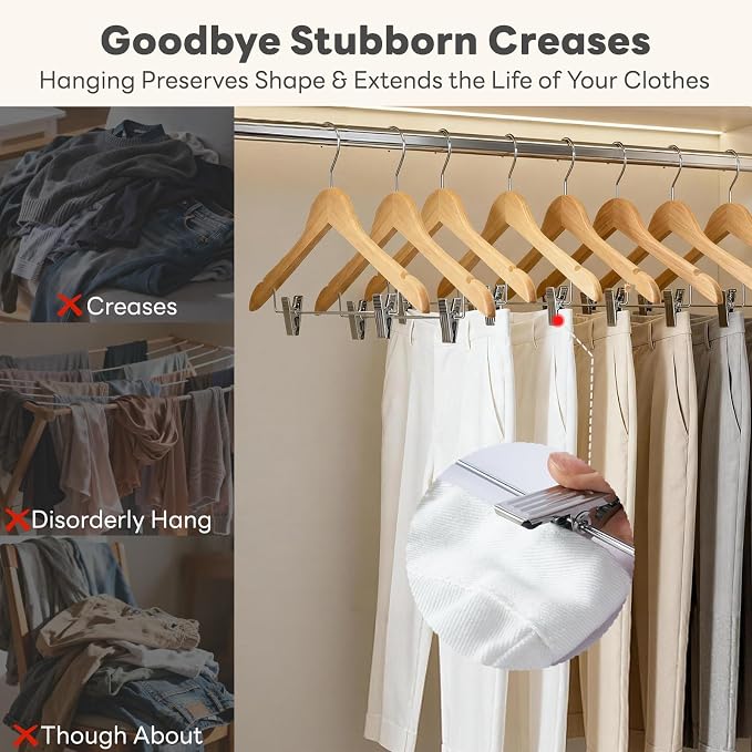 HOUSE DAY Wooden Hangers with Clips 48 Pack,Wooden Suit Hangers Skirt Hangers Solid Wood Pants Hangers Natural Smooth Finish Wood Hangers with Durable Metal Clips for Blouse, Dress, Coat, Jacket