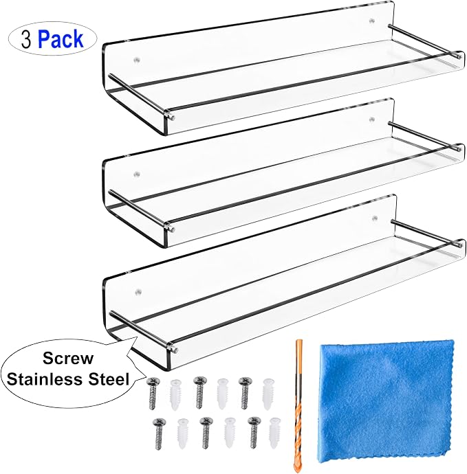AMT 3 Pack Acrylic Floating Shelves, 15" L x 3.25" W, Clear Bathroom Wall Shelf, Bookshelves, Invisible Display for Office, Bedroom, Small Gap Allows Water to Escape, Free Screws & Drill Bit (Medium)