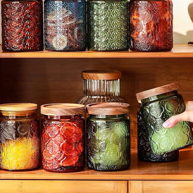 ANSQU Vintage 23.7oz Glass Storage Jar with Solid Wood Lid - Sunflower Embossed Airtight Canister for Coffee, Tea, Candy, Cookies, Bath Salts & More - Decorative Multi-Purpose Jar (Green, 1 Pack)