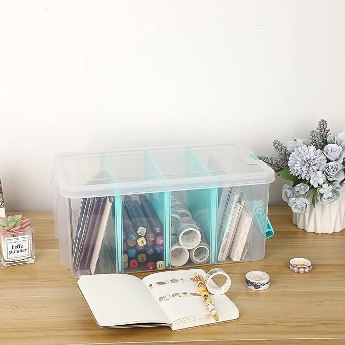 BTSKY Clear Plastic Dividing Storage Box with 4 Deep Compartments Adjustable Storage Bin with Lid Portable Craft Storage Container Multipurpose Sewing Box Art Supply Organizer, 13.9x7.9x6.2 Inches