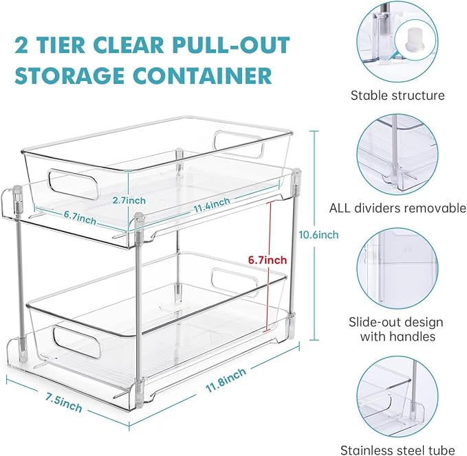 4 Pack Clear Bathroom Organizers and Storage, 2 Tier Pull Out Under Sink Cabinet Organizer Plastic Drawer Organization and Storage for Bathroom and Kitchen