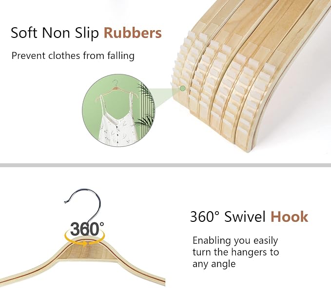 DEDU Wooden Hangers 24 Pack Lightweight, Coat Hangers for Closet Space Saving, Slim Wood with Soft Rubber Non Slip Strip for Wamisole, Wedding Dress, Sweater (Natural Finish)
