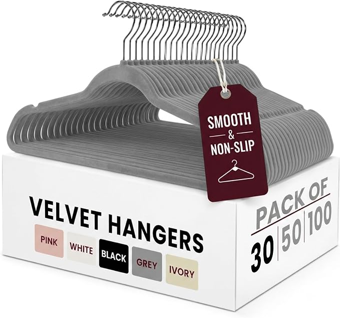 LDC Grey Velvet Hangers 30 Pack - Premium Non-Slip Clothes Coat Pants Felt Hanger for Closet - Heavy Duty Space Saving 360° Swivel Hook Hangars - Grey