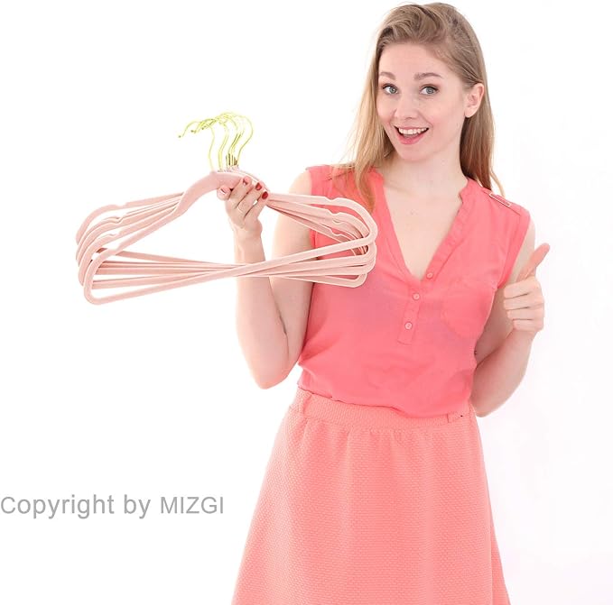 MIZGI Premium Velvet Hangers (Pack of 50) Heavyduty - Non Slip - Velvet Suit Hangers Blush Pink - Gold Hooks,Space Saving Clothes Hangers Felt Organizer