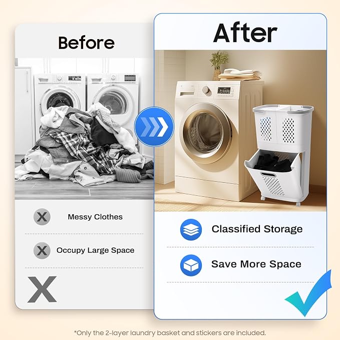 2 Tier Rolling Laundry Hamper Sorter Removable Clothes Hamper Organizer with Wheels White Portable Storage Baskets for Bedroom Laundry Room Bathroom
