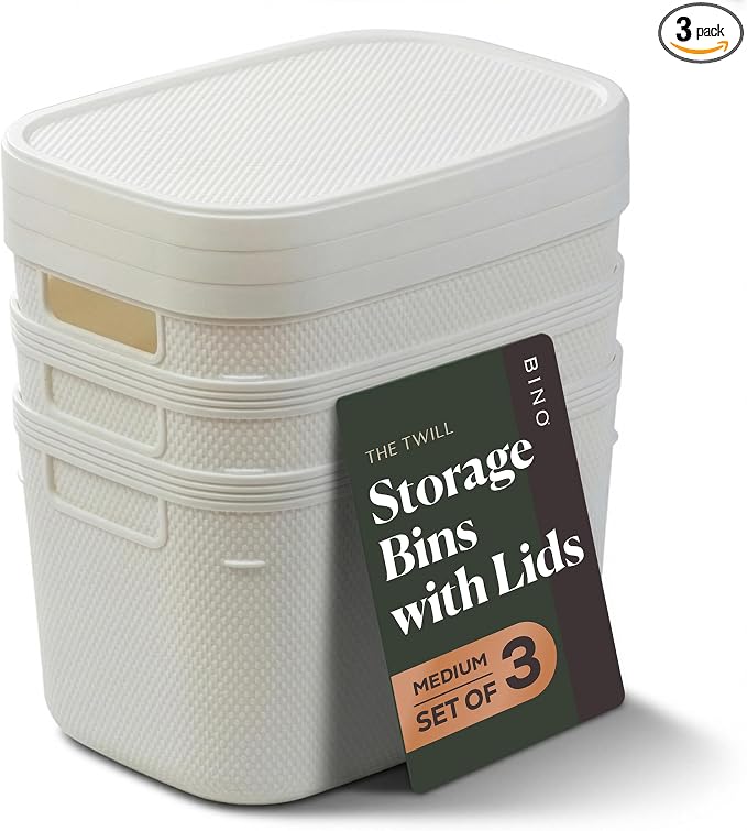 BINO | Plastic Storage Bins with Lids, 5.5 Liter - 3 Pack, White | THE TWILL COLLECTION | Plastic Bins for Organization | Woven Storage Baskets for Organizing | Pantry Shelf Organizer Basket Bin