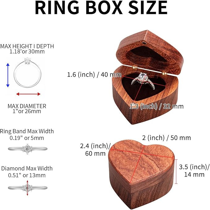 Engagement Proposal Ring Box Secret Slim Rose Wooden Heart Case | Rose Wood Ring Bearer Box Jewelry Storage Holder Display for Wedding Ceremony Commemoration
