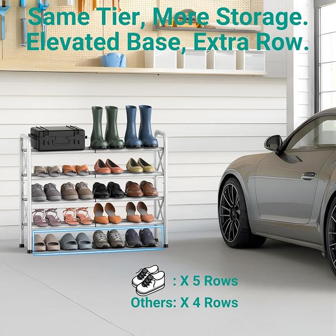 YEASHEIN 4-Tier Expandable Shoe Rack for Closet Floor, X-Frame Metal Small Shoe Rack for Entryway, Adjustable Shoe Shelf Organizer, Free Standing Shoe Racks for Front Door Entrance, Garage - White